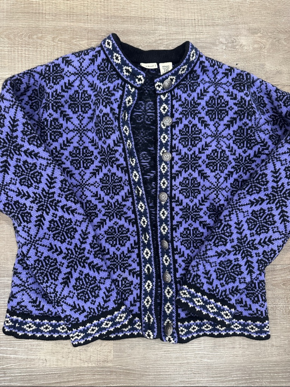 L.L. Bean Purple, Black and White Nordic Wool Cardigan